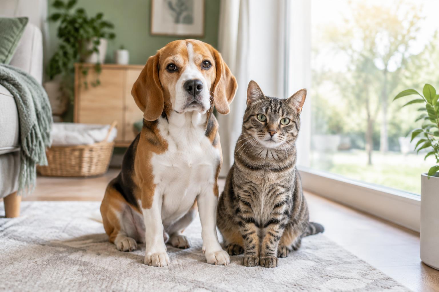 Un chien beagle et un chat tigré assis côte à côte dans un salon lumineux