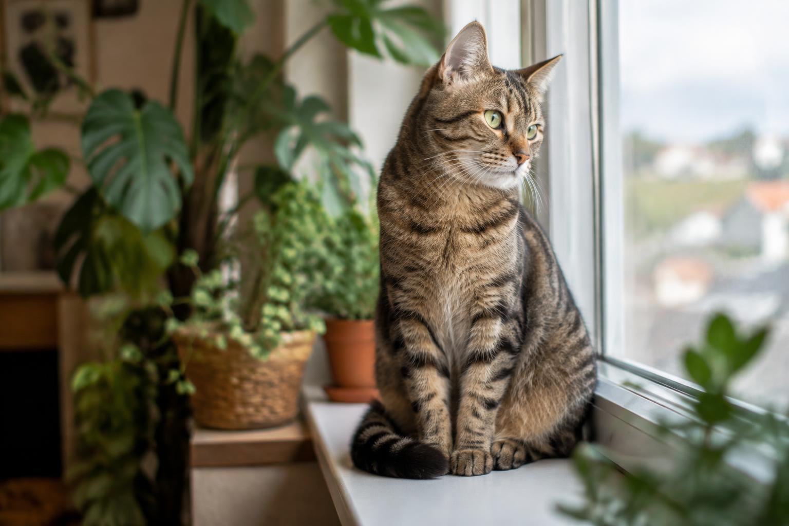 Chat tigré assis sur un rebord de fenêtre près de plantes d'intérieur
